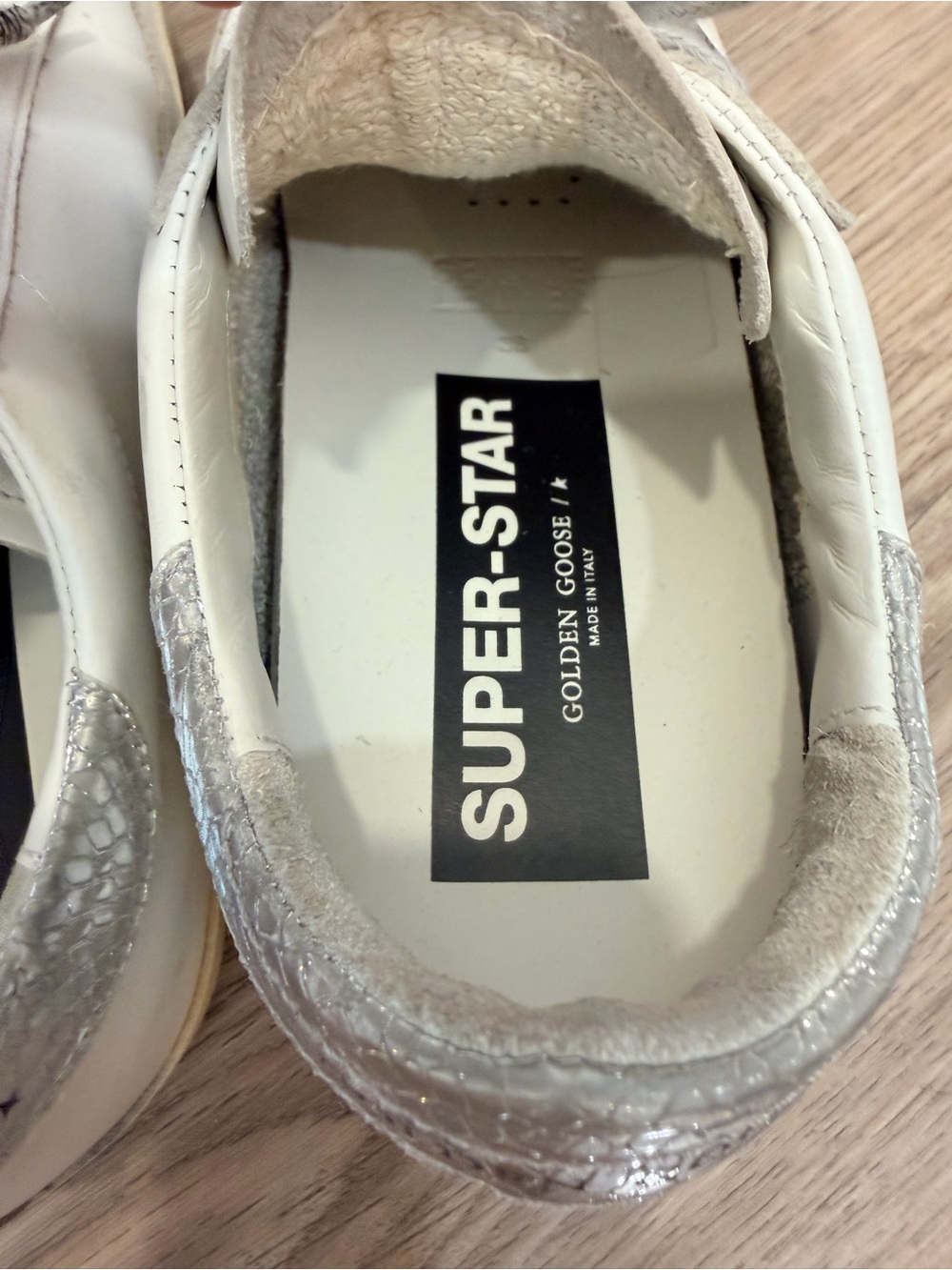 Golden Goose White Leather Sneakers with Blue Star and Silver Heel - Picture 7 of 8